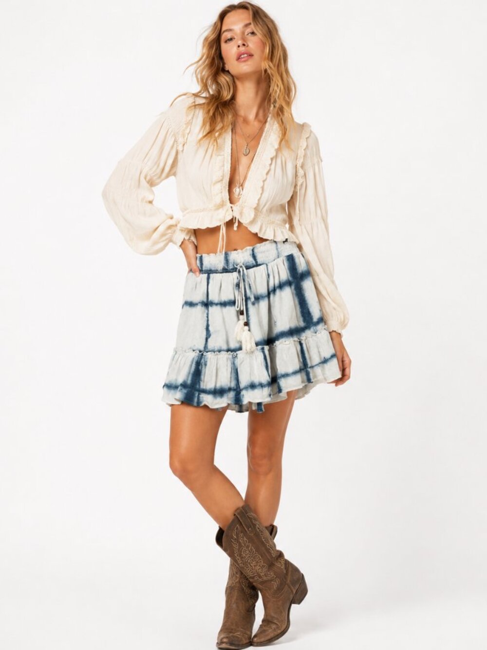 Anthropologie Pilcro Tie Dye Mini Skirt Womens‎ S Blue White Linen Boho Smocked